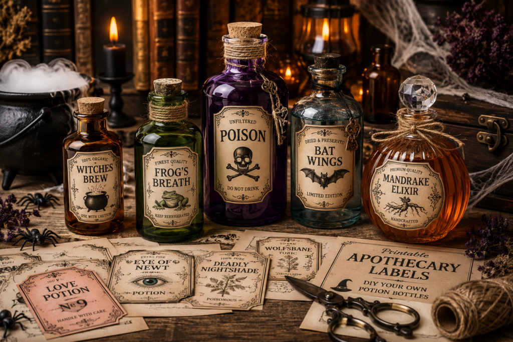 Halloween apothecary labels and printable potion bottles for witchy DIY decor