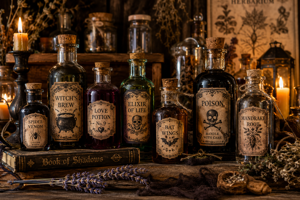 Vintage witch potion bottles decorated with Halloween apothecary labels