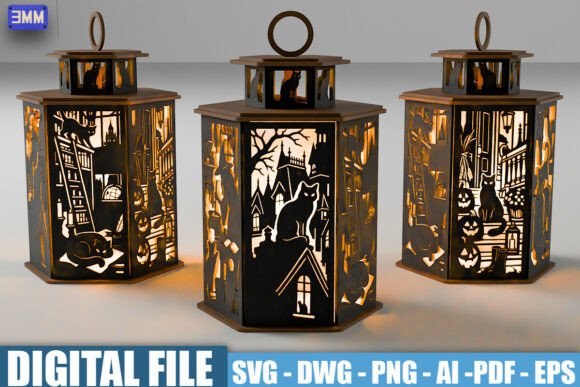 Laser-cut Halloween cat lanterns glowing with spooky silhouettes