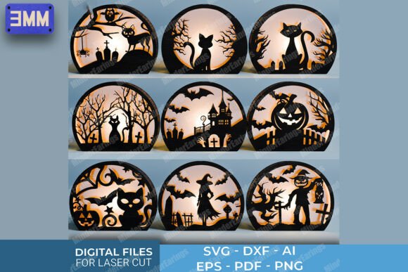 Round laser-cut Halloween dome lanterns with glowing spooky scenes
