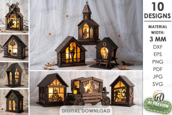 halloween lantern houses bundle laser cut