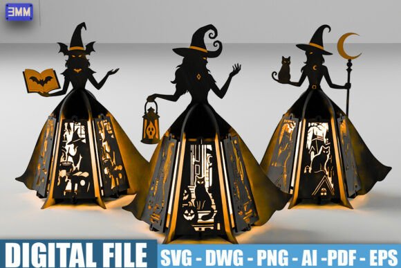 Laser-cut Halloween witch lanterns with glowing silhouette designs