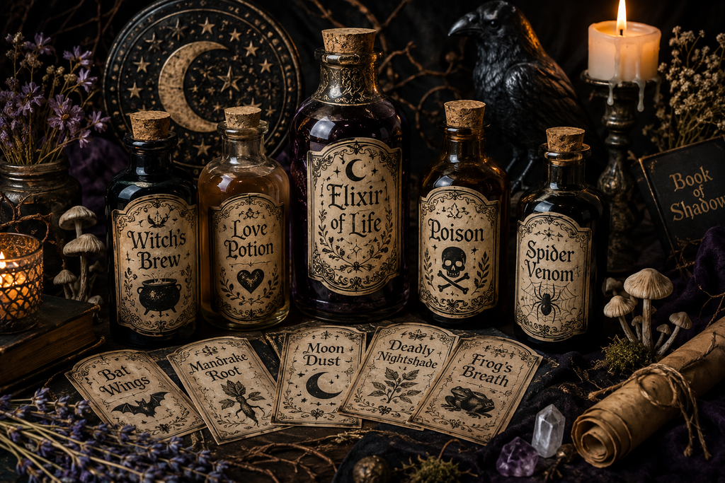 Mystical Halloween witch potion labels with bottles and botanical decorations