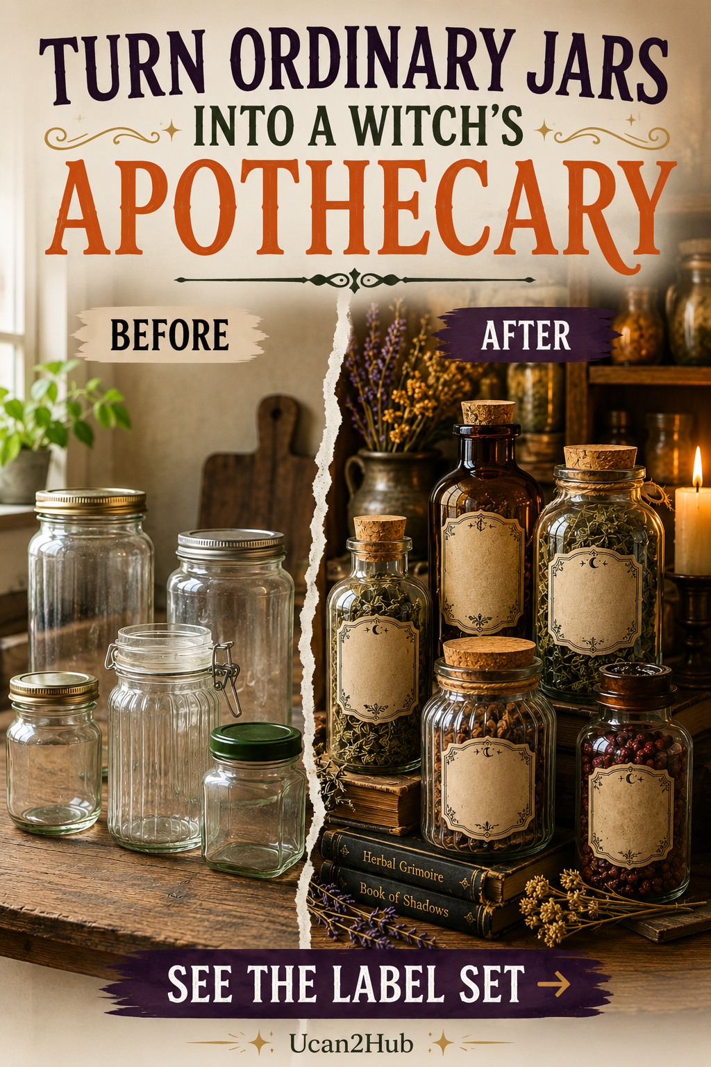 Ucan2Hub Before-and-after pantry jars transformed with vintage-style witch apothecary labels.